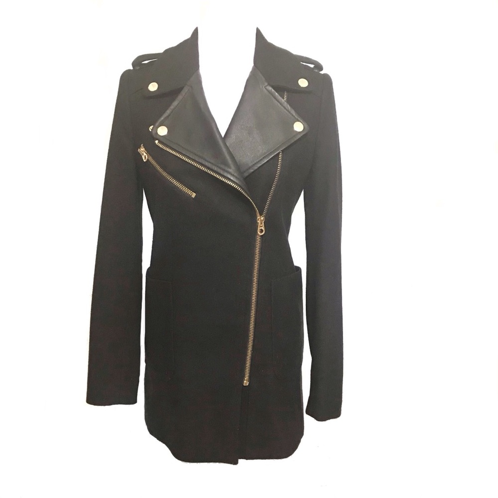 Juicy Couture black wool leather gold hardware zipper zip up long peacoat jacket
